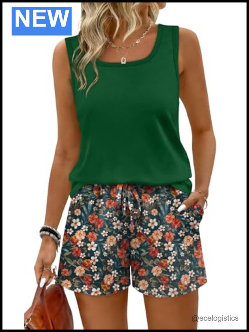 Two Piece Lounge Short Set Square Neck Tank with Pockets